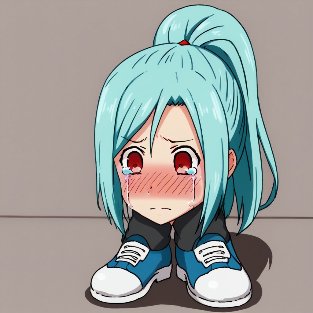 1 girl, goombafied, blushed, tears, Cyan hair, ponytail hairstyle, red eyes, shoes, anime eyes
