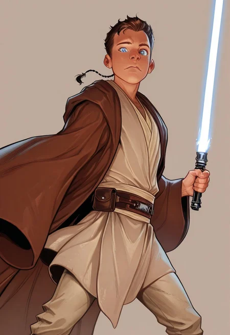 masterpiece, absurdres, high quality, perfect anatomy, 1boy, solo, cute boy, male focus, jedi robe, brown jacket, Caleb Dume, Brown Hair, Padawan Braid, Blue Eyes, Brown Robe, Brown Tunic, Tan Shirt, Belt, Tan Pants, holding a lightsaber, blue lightsaber, cinematic, intricately detailed illustration, depth of field, masterpiece, best quality, amazing quality, very aesthetic, absurdres, newest, very awa,  shadow, dynamic angle, casual cosplay, skinny, toned, dynamic pose,