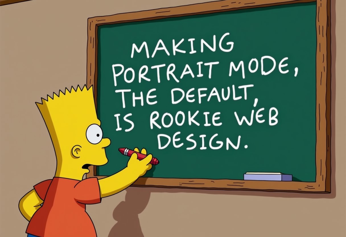 Bart Simpson writing "MAKING PORTRAIT MODE THE DEFAULT, IS ROOKIE WEB DESIGN" on a chalkboard