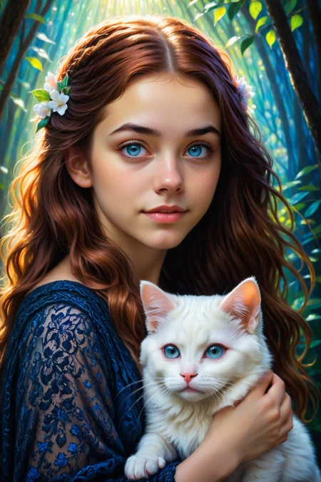 by Shahab Alizadeh , by Victor Nizovtsev and Becky Cloonan in the style of Phuoc Hoai Nguyen and Mark Keathley and Jasmine Becket-Griffith, cute 18 year old woman and her pet, digital oil pastel on canvas<lora:oil_pastel:1.00> of a cinematic photo <lora:juggernaut_cinematic:1.00> <lora:more_art:0.30><lora:clothing_slider:2.00><lora:great_lighting:1.30><lora:aesthetic:1.15><lora:photorealistic_portrait:1.25><lora:RMSDXL_Enhance:0.45><lora:RMSDXL_Creative:0.35><lora:RMSDXL_Photo:0.45><lora:RMSDXL_Darkness_Cinema:0.50><lora:XDetail_heavy:0.45><lora:perfect_eyes:0.15><lora:perfect_hands:0.15><lora:midjourney:-0.15><lora:looking_at_viewer:0.75><lora:dpo:0.25>