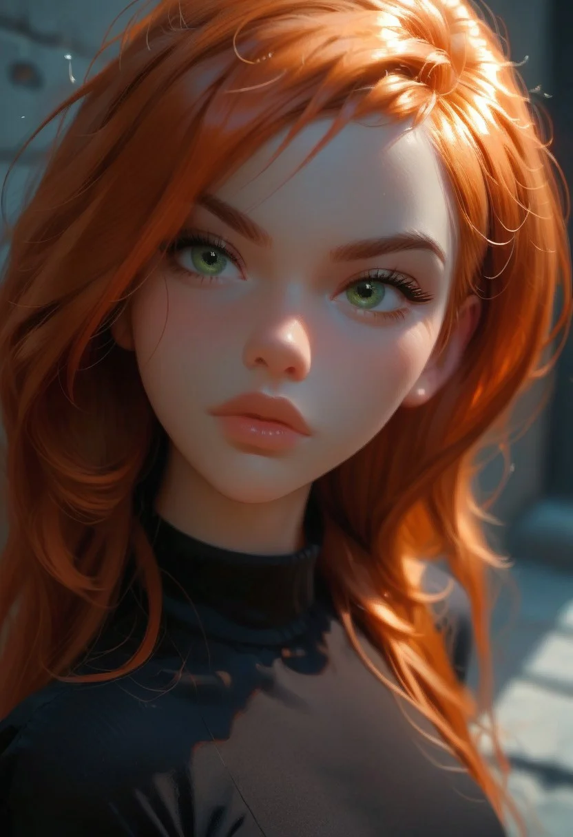 score_9, score_8_up, score_7_up, score_6_up, 1girl, solo, Kim Possible, redhead, long hair, perfect hair, black top, perfect face, green eyes, sexy, sexy girl, beautiful eyes, confident, determined, glossy lips, petite body, wide hips, thigh gap, dynamic angle,