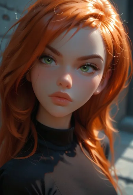 score_9, score_8_up, score_7_up, score_6_up, 1girl, solo, Kim Possible, redhead, long hair, perfect hair, black top, perfect face, green eyes, sexy, sexy girl, beautiful eyes, confident, determined, glossy lips, petite body, wide hips, thigh gap, dynamic angle,