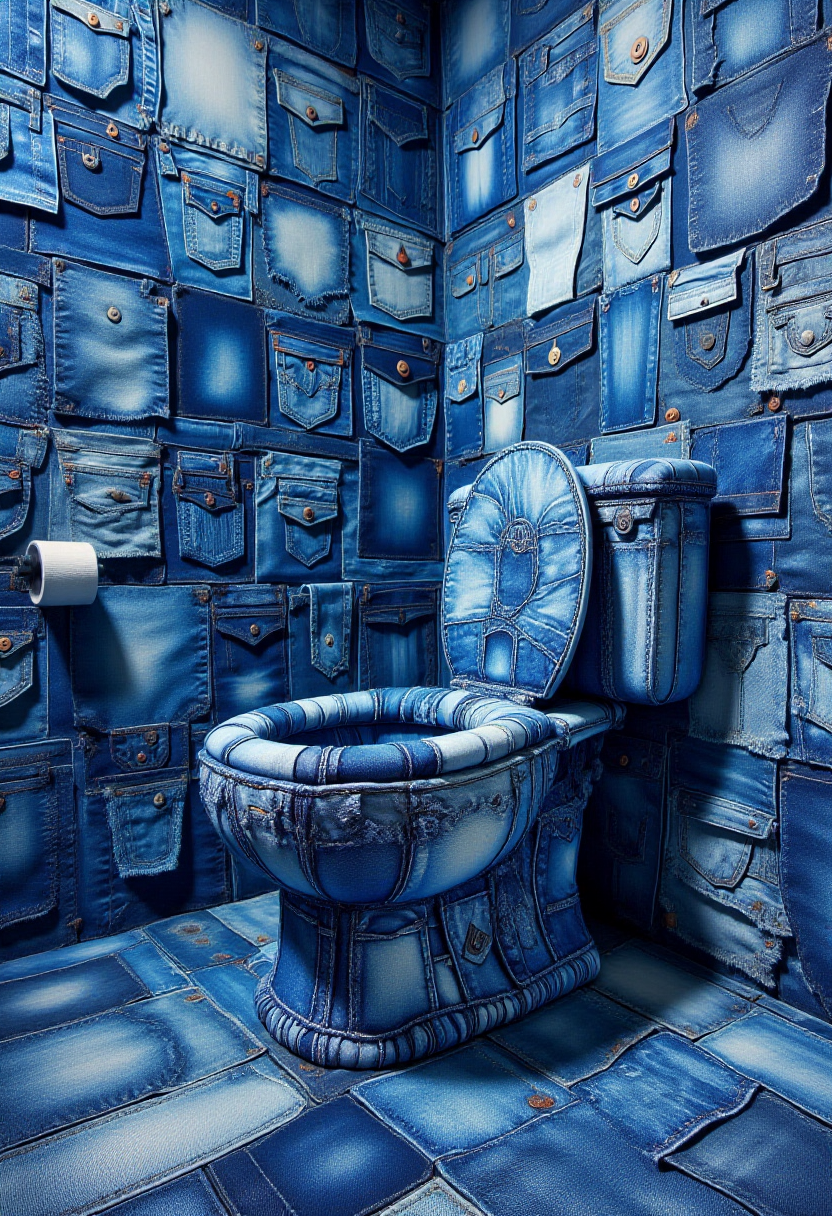 <lora:Denim_Dreamer_FLUX-000021:0.9>
The image is a highly detailed digital artwork featuring a large, stylized toilet that is constructed from various pieces of denim, giving it a patchwork appearance with a blend of blue and denim textures.
