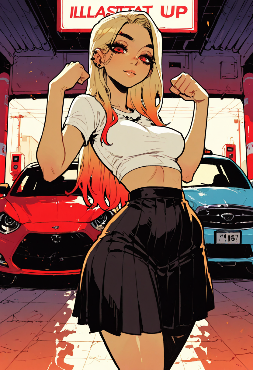 score_9, score_8_up, score_7_up, masterpiece, best quality, very aesthetic, detailed face, (dynamic:1.2), stylized, illustration, dynamic pose, (nsfw:1.2), girl, small nose, highres, absurdres,<lora:ck-shadow-circuit-IL:0.4> in the style of cksc, <lora:mon_monmon2133:0.2> <lora:Rapscallion_Illustrious:0.25> Rapscallionstyle, <lora:incoth:0.25> incoth, (incase:0.6), <lora:r17329_illu:0.35> r17329_illu, <lora:perspective:0.25> from front, perspective, (girl:1.2), (medium breasts, wide hips, blonde hair, red hairtips, red eyes, goth hairstyle, long hair:1.2), (looking at viewer, white crop top, matching skirt, gas station, fueling car, car, sexy pose:1.1), (low contrast, warm lighting:1.2)âââ