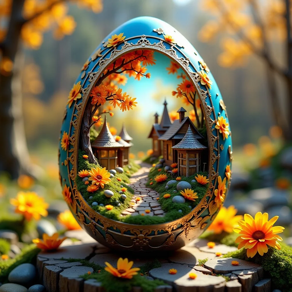 abstract faberge egg with beautiful spring scenery landscape inside, miniature easter village, hyperdetailed