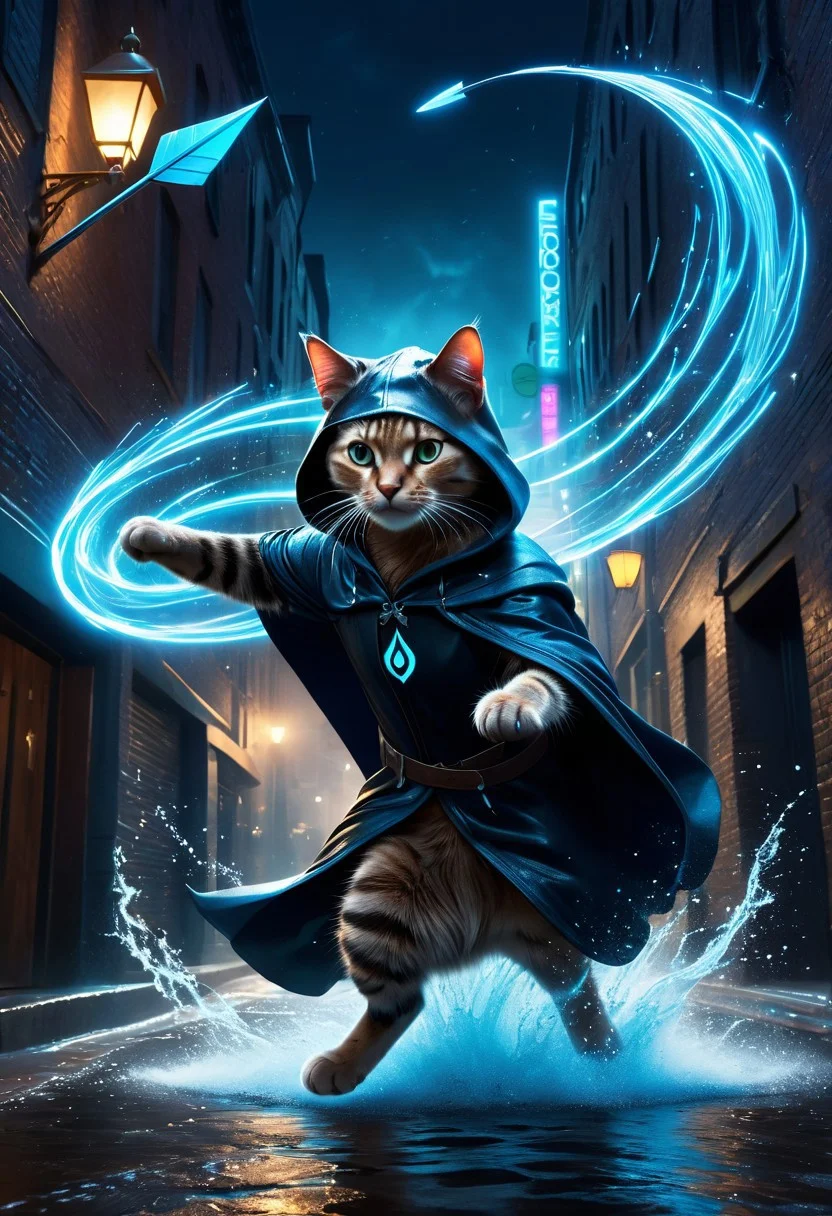 an anthropomorphic cat wearing dark hooded cloak is depicted in an action pose, swirling water with an arrow symbol in cat hand, floating above a street in a dark city alleyway, swirling magic effects and swirling energy waves surround cat, with a blue glow on cat face and body, looking at the camera, hyper detailed, movie still, ultrawide, vibrant masterpiece, (32K:1.0), UHD, best resolution, best micro details, best quality, best details, best artist, sharp edges, detailed textures, full view, atmospheric lighting, visually stunning, perfect composition, trending on behance