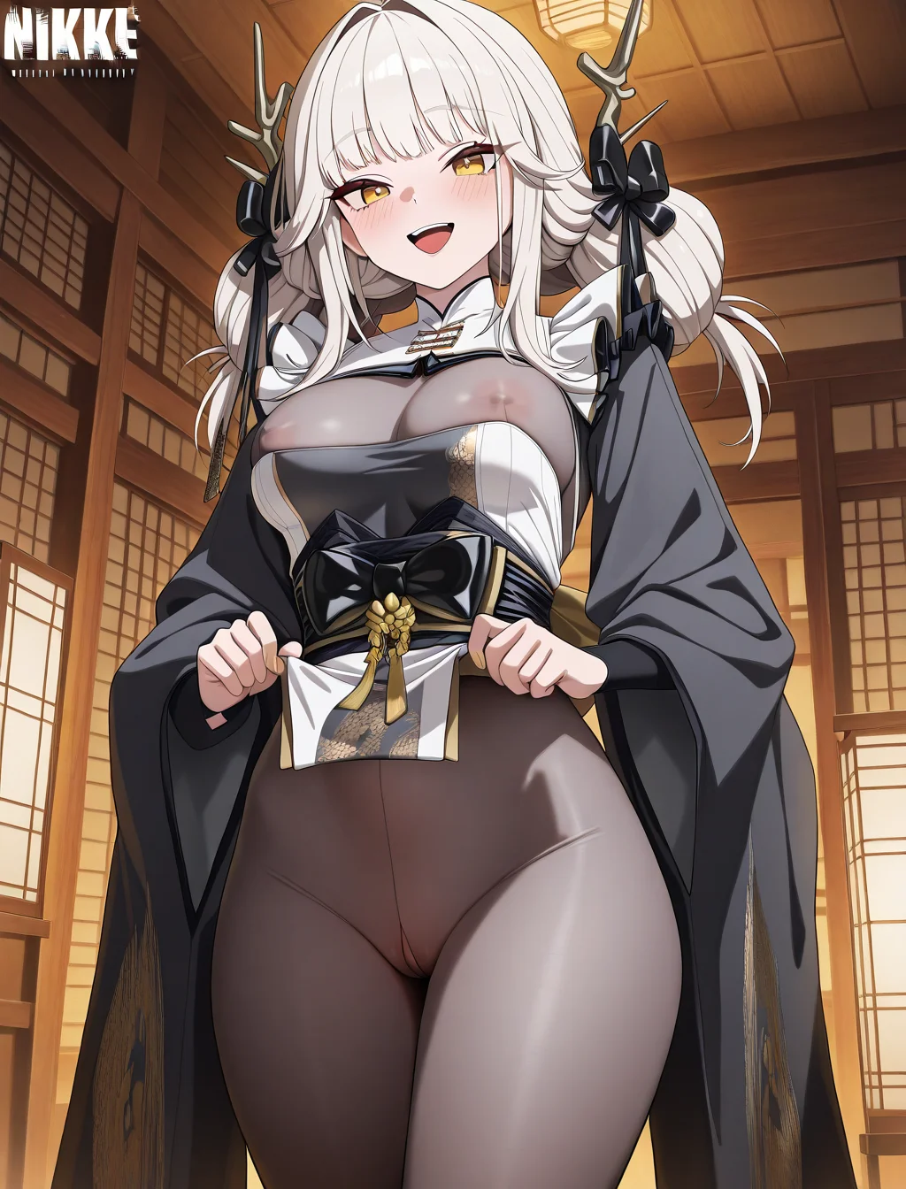 (masterpiece) ,best quality,amazing quality,very aesthetic,absurdres,newest, anime style, <lora:Blanc_White_Rabbit_Nikke_The_Goddess_of_Victory_IL:1>, WR_Blanc, fully clothed, smile, standing , nsfw, visible through bodystockings nipples