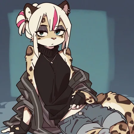 digital_media_(artwork) hi_res, score_9, score_8_up, score_7_up, score_6_up, score_5_up, score_4_up, rating_safe, beautiful, intricate, high quality details, highly detailed, amazing quality, anthro, furry, female, detailed textured fur, fur tufts, fluffy,  cute, cute face, small, detailed sexy eyes, solo, SFW, leopard, expressive, sassy, long sleeveless halter neck sweater, baggy denim pants, clothed slim, clothed slender, clothed skinny, multicolored hair, streaked hair, absurdres, highres, goth, heavy eyeliner, heavy eye shadow, breasts, fingerless gloves, sleeveless leather jacket,