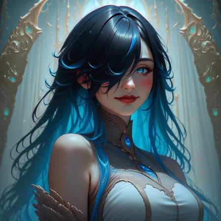 score_9, score_8_up, score_7_up, uocst3t1c,UOCestetic,UOC estetic, rating_safe, 1girl, solo, long hair, breasts, looking at viewer, blush, smile, bangs, blue eyes, large breasts, black hair, closed dress, gloves, dress, bare shoulders, closed mouth, blue hair, upper body, multicolored hair, elbow gloves, hair over one eye, collar, lips, gradient hair, red lips,