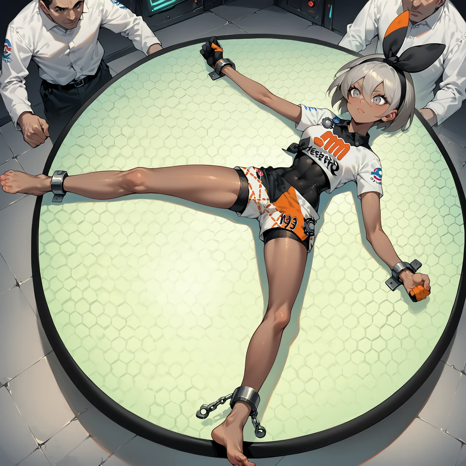 score_9, score_8_up, score_7_up,score_6_up, 1girl,  <lora:100_remo_4_pdxl:0.9> shkr_remodeltable, circular remodeling table,  on back, restrained, x pose, arms spread, legs spread,glowing table, [hexagon:0.3],    control room, faceless men,  <lora:BeaPokemonPDXL:1> zzbea, grey eyes, grey hair, short hair, hair between eyes, black hairband, dark-skinned female, crop top, print shirt, bodysuit, shorts, single glove, full body, from above