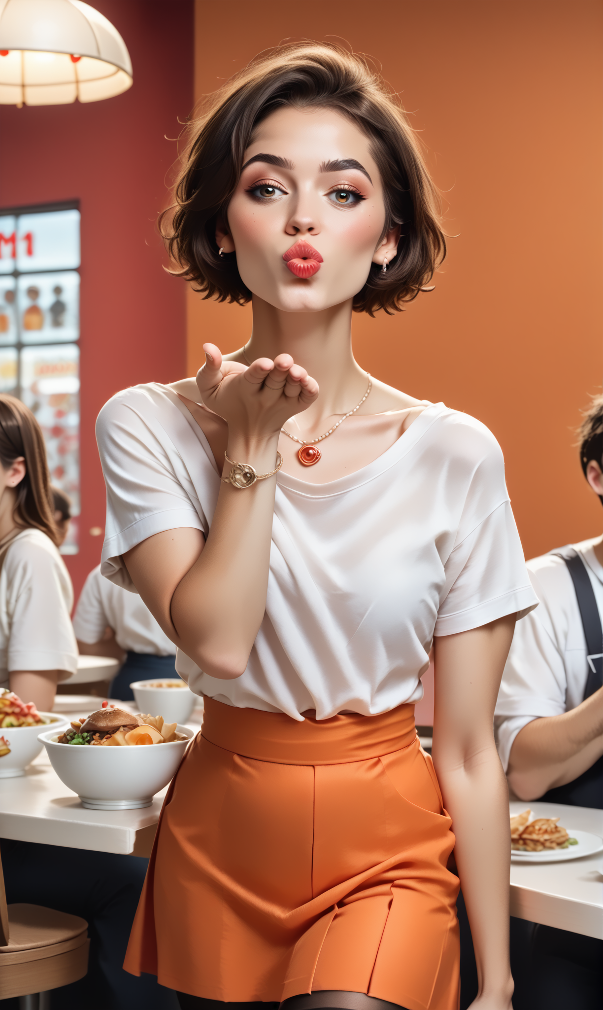 score_9, score_8_up, score_7_up, blaiki, wionha, (slim 25 years old woman) in orange skirt and white blouse is blowing an air kiss with one hand, standing in a crowded fast food restaurant. black (holdup stockings), necklace,  short brunette hair  
 <lora:AirKissPony:1>