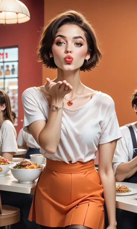 score_9, score_8_up, score_7_up, blaiki, wionha, (slim 25 years old woman) in orange skirt and white blouse is blowing an air kiss with one hand, standing in a crowded fast food restaurant. black (holdup stockings), necklace,  short brunette hair  
 <lora:AirKissPony:1>