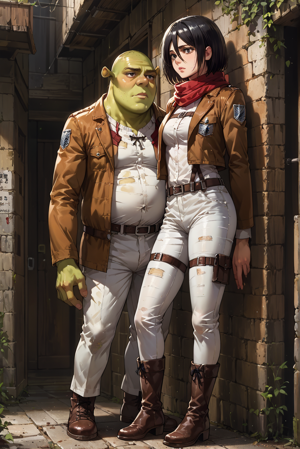 score_9, score_8_up, source_anime,
BREAK shrek, green skin, <lora:Shrek_XLPD:1>, romantic, BREAK <lora:mikasa ackerman-PonyXL:1>, mikasa ackerman, black eyes, black hair, short hair, white shirt, thigh strap, open cropped brown jacket, red scarf, white pants, survey corps \(emblem\), boots