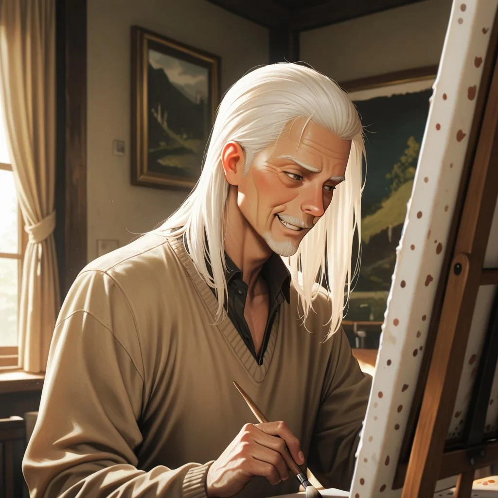 masterpiece, best quality, amazing quality, absurdres, newest, detailed background, definition so sharp, Ultra-HD, 8K cinematic, very awa, impressionate, amazing quality, highres,
solo, male focus, manly,
daikakukokujouji, lieutenant_white hair, lieutenant_brown eyes, 1boy, solo, old man, long hair, painting, focused expression, slight smirk,loose-fitting clothes, art studio, natural light, paintbrushes, canvas, satisfied, creative, absorbed, expressive, calm, joyful, cool hobby