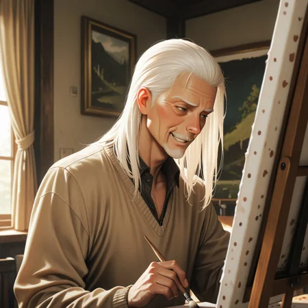 masterpiece, best quality, amazing quality, absurdres, newest, detailed background, definition so sharp, Ultra-HD, 8K cinematic, very awa, impressionate, amazing quality, highres,
solo, male focus, manly,
daikakukokujouji, lieutenant_white hair, lieutenant_brown eyes, 1boy, solo, old man, long hair, painting, focused expression, slight smirk,loose-fitting clothes, art studio, natural light, paintbrushes, canvas, satisfied, creative, absorbed, expressive, calm, joyful, cool hobby