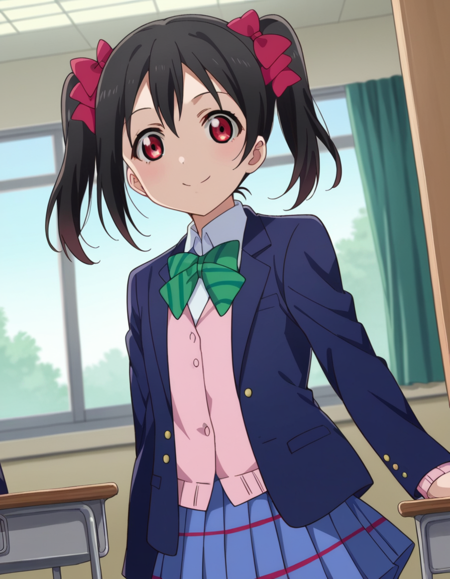score_9, score_8_up, score_7_up, source_anime,
nikoyazawa, <lora:nico-yazawa-s1-ponyxl-lora-nochekaiser:1>,
niko yazawa, black hair, red eyes, bow, twintails, hair bow,
skirt, school uniform, jacket, blazer, winter uniform, otonokizaka school uniform,
indoors, classroom, smile,
looking at viewer, cowboy shot, dutch angle,