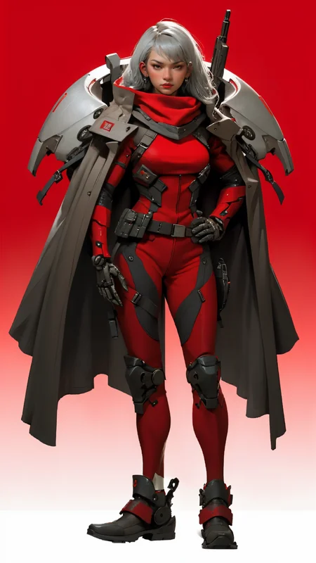 absurdres,(22 -year -old woman),perfect woman body,BREAK (grey cybersuit:1.1),android,(black upper armor),mechanical arms,machinery,prosthesis,solo,(silver hair),(long hair),cloak,BREAK hand on hip,contrapposto,(red background:1.5),<lora:nijiarmor_anime_v2:0.6>,<lora:gunsLoHatry3:0.5>,<lora:NijiExpressV2:0.4>,holding a assault gun,