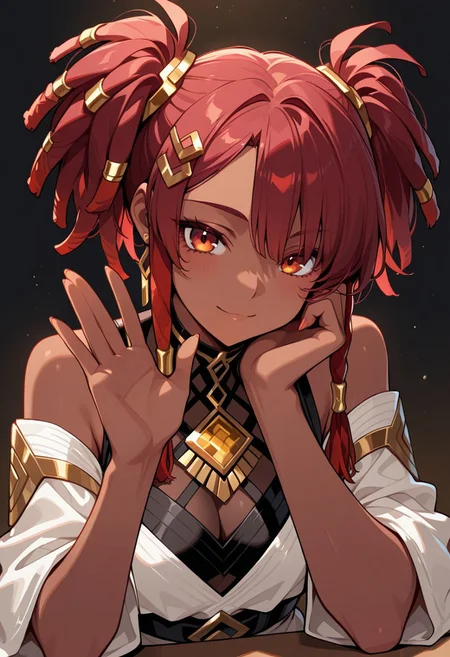masterpiece, best quality, 8k, absurdres, very aesthetic, ultra-detailed, best illustration,
...
 1girl, dark-skinned female, red hair, pigtails dreadlocks, hair ornament, gold ornament, 
...
Hand wave