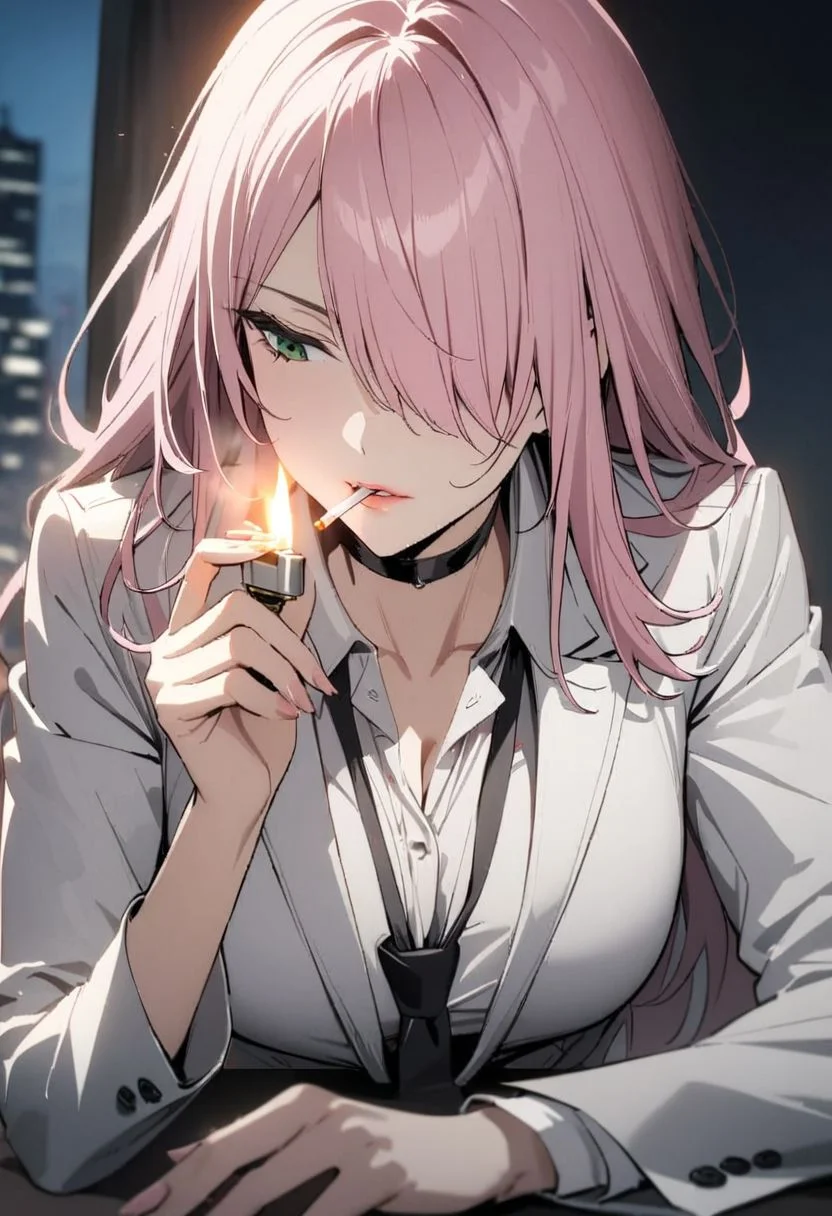 1woman, solo,  long hair, pink hair, black choker, green eyes, one eye covered by hair, lying on side, eyeliner,  gorgeous lips, white suit, tie, office lady,  looking down, <lora:sm0k1ngXL:0.6> sm0k1ng, smoking, holding lighter, lighting cigarette, night, face lit by lighter, cinematic, (masterpiece), (best quality), (ultra-detailed), very aesthetic, illustration, perfect composition, intricate details, absurdres