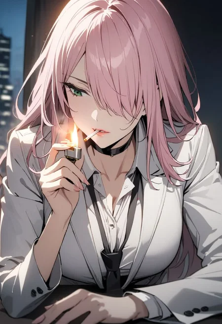 1woman, solo, long hair, pink hair, black choker, green eyes, one eye covered by hair, lying on side, eyeliner, gorgeous lips, white suit, tie, office lady, looking down, <lora:sm0k1ngXL:0.6> sm0k1ng, smoking, holding lighter, lighting cigarette, night, face lit by lighter, cinematic, (masterpiece), (best quality), (ultra-detailed), very aesthetic, illustration, perfect composition, intricate details, absurdres