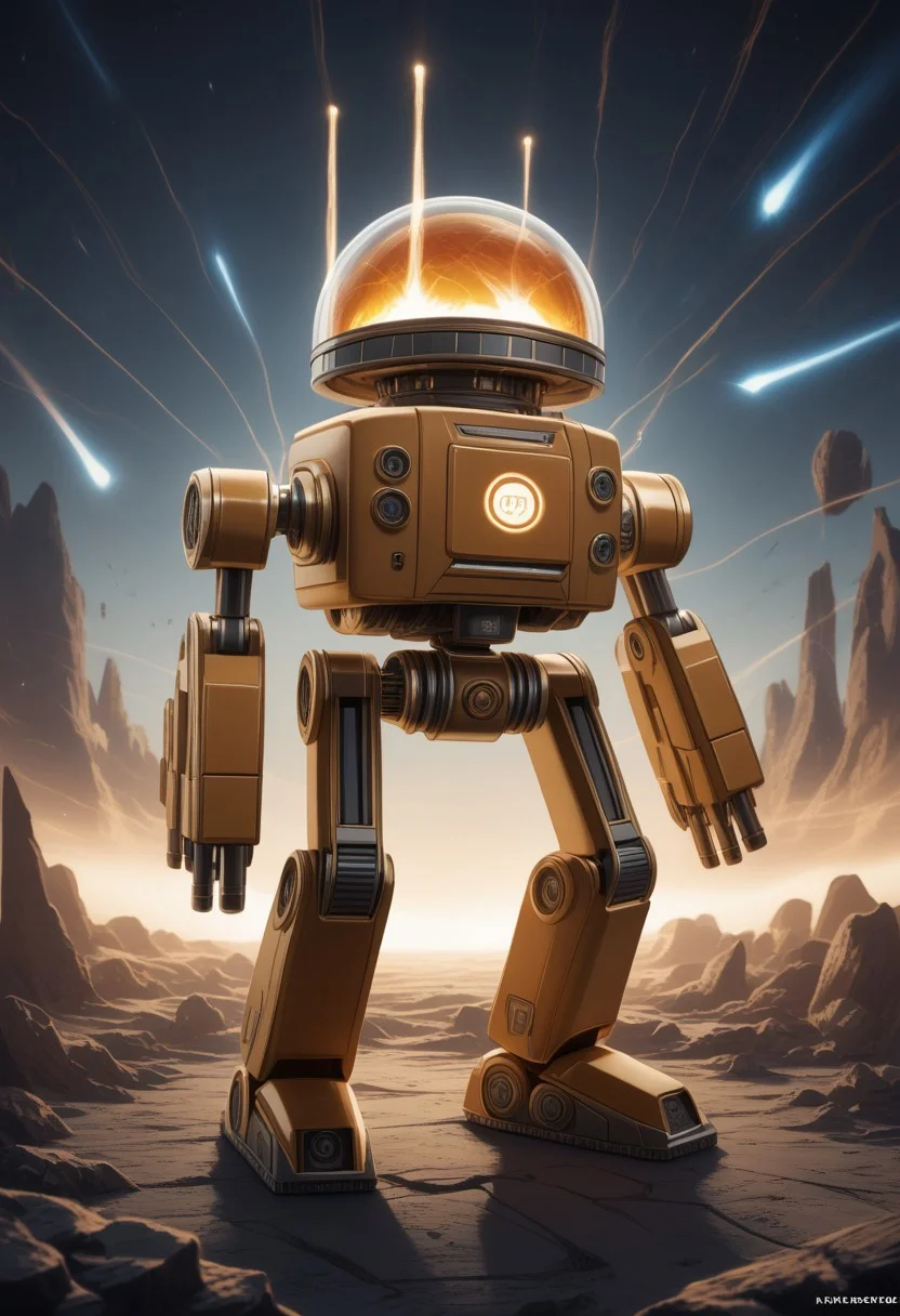 A futuristic world where technology could be sleek, modern, and slightly quirky, with the orange giving it a pop of energy and excitement, pmg style, cute kawaii war mech, lasers, turrets, guns