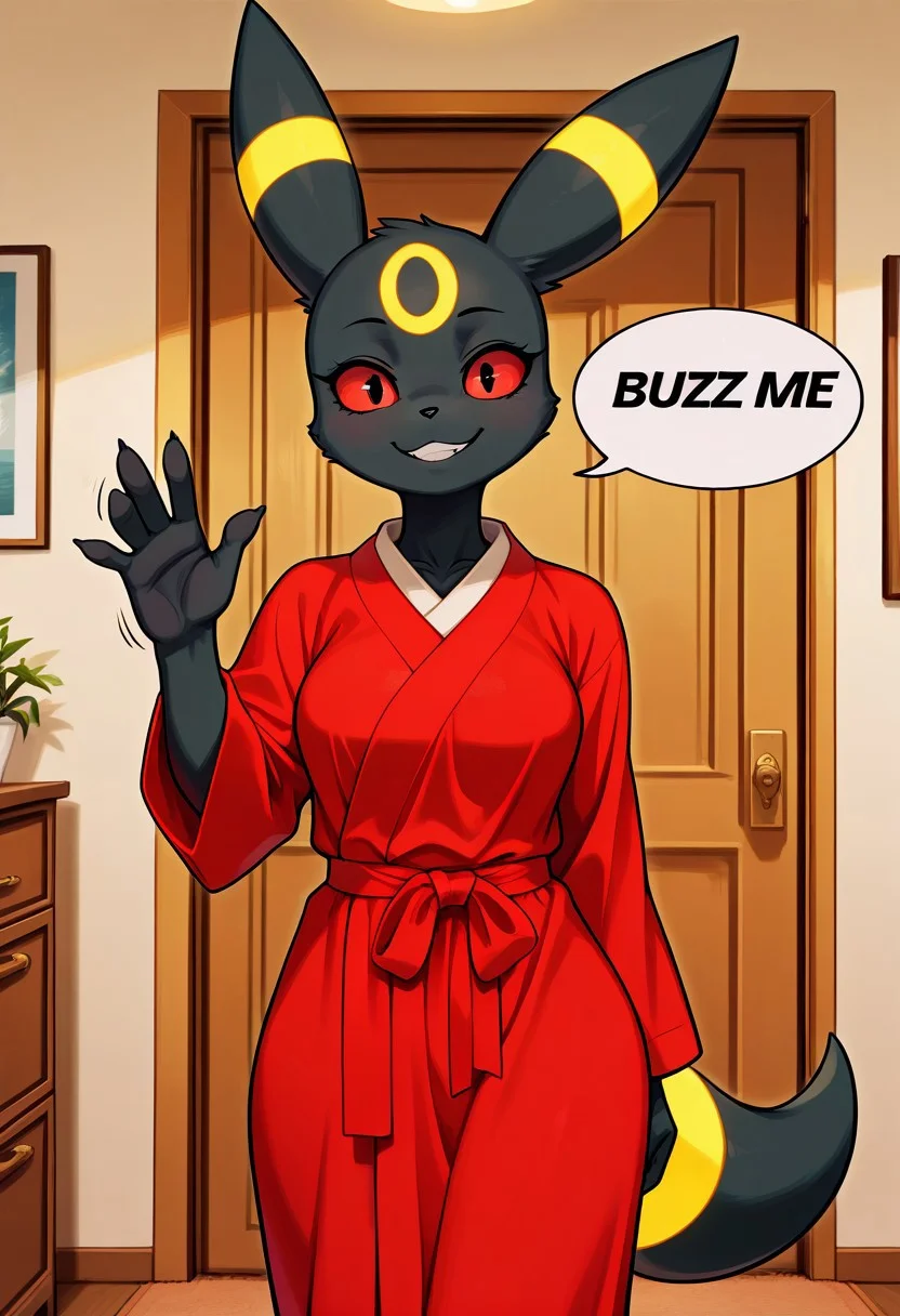 masterpiece, best quality, newest, absurdres, highres, 2024, 2023, perfect eyes, amazing quality, (female, furry , antro: 1.4), ( )
BREAK
( (medium bodybuild, medium breasts, looking at viewer, waving to viewer, smiling, speech bubble,english text, talking, "BUZZ ME" in the speech bubble, PG :1.3), (standing:1.3) , (1girl, solo) ,female only anthro : 1.1, )
BREAK
(male: umbreon, pokemon ), red robe, pokemon logo on robe
BREAK
Indoors, detailed background, home, home living room,