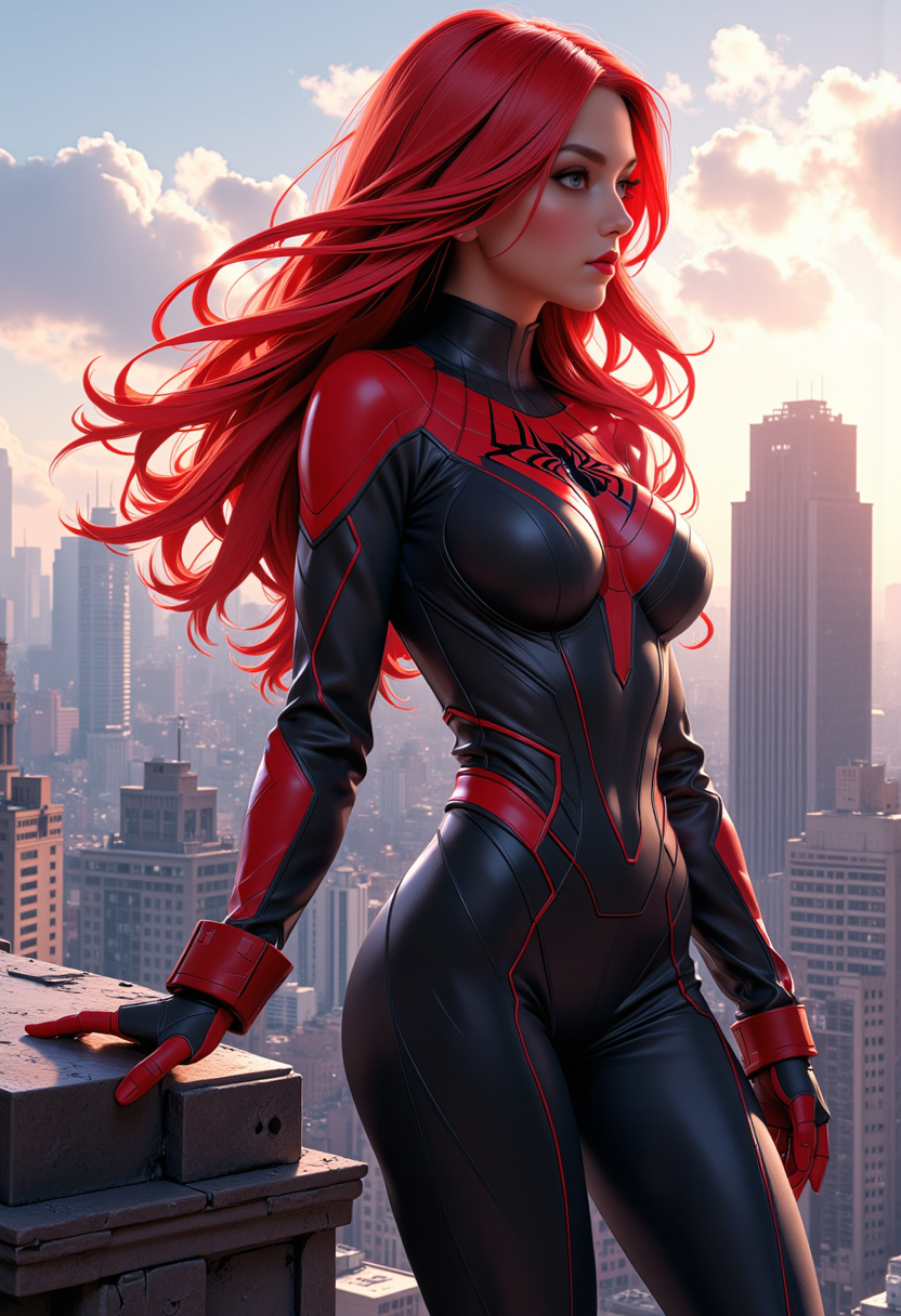 profile shots, full body view, photoshoot poses, dynamic angles, multiple angles, photoshoot poses;A photo of MJ_Marv3l, cosplaying as spiderman, is a digital illustration, playful, and whimsical. The image features a woman with red hair wearing a black and red spiderman suit. She is standing atop a building, in front of a cityscape, with buildings visible in the background. The woman is posing confidently, showcasing her costume and the spiderman logo on her chest. The overall composition of the image is dynamic and visually engaging, capturing the essence of the spiderman character. with a sense of action and adventure. Style: realistic hyper-detailed rendering, 32k UHD, expressive eyes, punk, graphic design, girl's face, pretty and cute, gleaming lips, telling a tale of adventure. Exuding confidence and serenity. The overall mood of the image is happy and relaxed,detailed skin texture,(blush:0.2),(goosebumps:0.3),subsurface scattering,with a playful and whimsical tone, Niji style, detailed hand, perfect hands, 