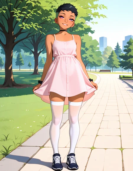 masterpiece, best quality, very aesthetic, absurdres,
outdoors, park,
standing, posing,
sport footwear, white thighhighs, pink sundress,
full body, seductive smile, parted lips, long eyelashes,
<lora:Riley_Fairfeather_v01_NAIXL:1>
R1l3y_Fairf3ath3r, 1girl, solo, very short hair, multicolored hair, black hair, green hair, undercut, ear piercing, purple eyes, nose piercing, freckles, black choker, dark skin,