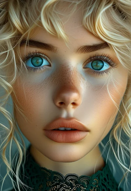 Realistic photo, ultra-realistic photo, RAW photo, high res., high quality, masterpiece, bellissima, 20-year-old woman (20y.o), Swedish, short light blonde hair, tousled hair, blue eyes, perfect eyes, detailed eyes, photorealistic eyes, serious facial expression, dark green lace top, perfect skin texture, intricate details, detailed face, detailed eyes, super-detailer-bsy, detailed skin, detailed hair, ultra-detailed,
