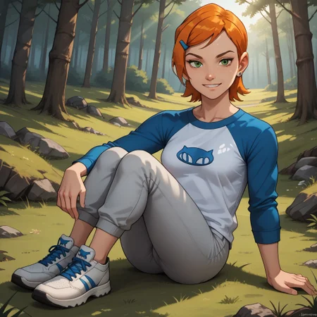 score_9, score_8, BREAK, solo, Gwen_Tennyson_(Ben10), 1girl, pale skin, green eyes, short orange hair, hair clip, sapphire earrings, long sleeves, blue raglan shirt with a cat logo, white capri pants, white shoes, self portrait, smile, looking at viewer, outdoors, sunlight, shadows, evening lighting, natural lighting, forest, trees, grass, orange sky, sunset