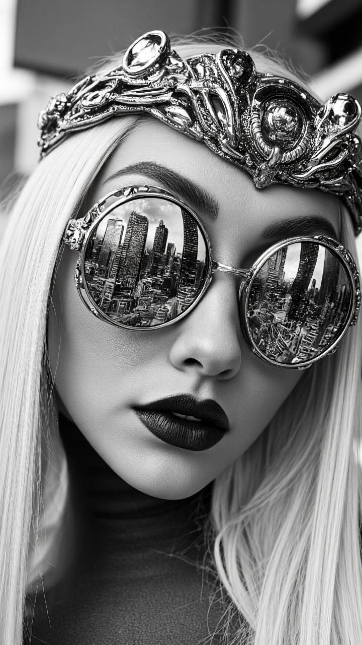 highly detailed, black and white photograph of a woman's face with a futuristic, cyberpunk aesthetic. The subject has long, straight, platinum blonde hair that cascades down past her shoulders. She wears large, round, metallic sunglasses with intricate, geometric patterns on the frames, reflecting a cityscape of skyscrapers and modern architecture. The cityscape is likely a densely populated urban environment with tall buildings and a mix of modern and futuristic structures. Her lips are painted a deep, dark red, adding a dramatic contrast to the grayscale image. She has a strong, angular jawline and a determined expression, emphasizing her intense gaze through the reflective lenses. On top of her head, she wears a metallic, futuristic crown or headpiece, adorned with intricate, mechanical designs and what appears to be small, glowing lights. The background is blurred, focusing attention on her face and accessories. The image has a high level of detail and texture, with the metallic surfaces of the sunglasses and headpiece reflecting light and adding a sense of depth and realism. The overall style is a blend of high fashion and science fiction, evoking a sense of futuristic glamour and mystery.,aidmaimageupgrader, aidmaMJ6.1 <lora:aidmaMJ6.1-FLUX-v0.5:0.7> <lora:aidmaImageUprader-FLUX-v0.3:0.4>