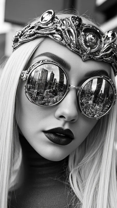 highly detailed, black and white photograph of a woman's face with a futuristic, cyberpunk aesthetic. The subject has long, straight, platinum blonde hair that cascades down past her shoulders. She wears large, round, metallic sunglasses with intricate, geometric patterns on the frames, reflecting a cityscape of skyscrapers and modern architecture. The cityscape is likely a densely populated urban environment with tall buildings and a mix of modern and futuristic structures. Her lips are painted a deep, dark red, adding a dramatic contrast to the grayscale image. She has a strong, angular jawline and a determined expression, emphasizing her intense gaze through the reflective lenses. On top of her head, she wears a metallic, futuristic crown or headpiece, adorned with intricate, mechanical designs and what appears to be small, glowing lights. The background is blurred, focusing attention on her face and accessories. The image has a high level of detail and texture, with the metallic surfaces of the sunglasses and headpiece reflecting light and adding a sense of depth and realism. The overall style is a blend of high fashion and science fiction, evoking a sense of futuristic glamour and mystery.,aidmaimageupgrader, aidmaMJ6.1 <lora:aidmaMJ6.1-FLUX-v0.5:0.7> <lora:aidmaImageUprader-FLUX-v0.3:0.4>