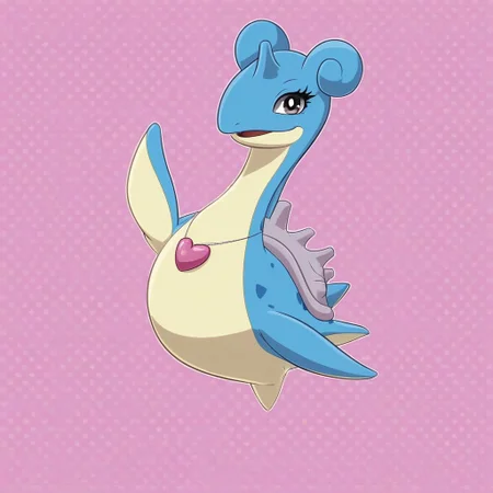Lapras, pokemon (creature), female, (((eyelashes))), disney, girly, (((wearing pink heart necklace))), full body, solo, looking at viewer, open eyes, open mouth, happy, smiling, standing, posing, solo, flirty, flippers