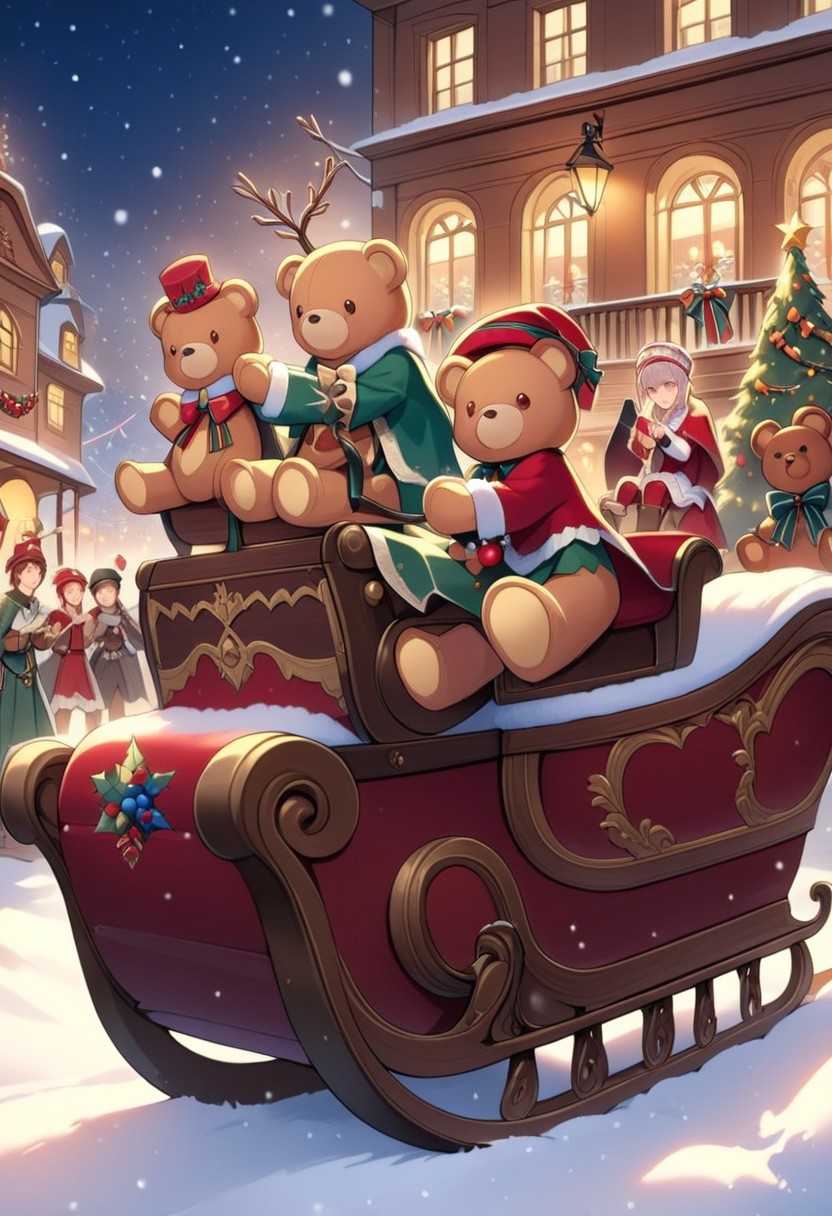 xmastedx,Festive,
(masterpiece, best quality:1.2), teddy bears' time - traveling holiday, sleigh as a time machine, electric guitars from different eras, parade of teddy bears through history, some teddy bears dressed in medieval armor, others in 1920s flapper outfits, playing guitars that match the historical period, the sleigh stopping at famous historical events like the signing of the Declaration of Independence, snow falling in different historical settings, a blend of history and holiday cheer.