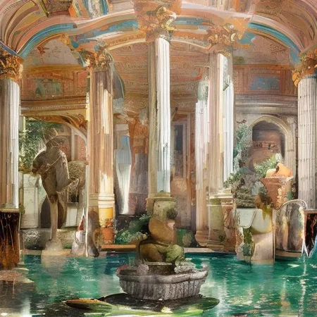 (masterpiece:1.2), (best quality,:1.2), 8k, HDR, ultra detailed, ((photorealistic)), professional light, cinematic lighting, fashion photography, ambient lighting, face lighting, <lora:detail_slider_v4:1>, Fantasy picture, OverallDetail, large ancient roman with a fountain and one statue in the center, RomInt, <lora:RomanInterior-10:1>, epiCPhoto