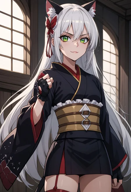 score_9, score_8_up, score_7_up, score_6_up, score_5_up, score_4_up, BREAK source_anime, (very skinny), very slim, underweight, fighting stance, 1girl, ((red short kimono)), BREAK
bare collar bone, bare leg, very long hair, looking at viewer, sexy, Flat chest, smirk,, tsukimio, fingerless gloves, black eye makeup, very long hair between eyes, wild messy hair, detached sleeves, mansion , green eyes, white hair, cat ears, RED stockings, black obi,