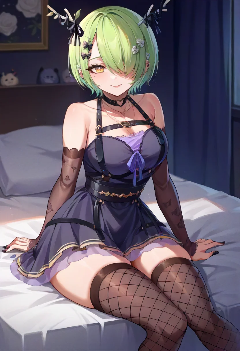 score_9, score_6_up, source_anime, 1girl, solo, bedroom, black theme, fauna_goth, short hair, hair over one eye, antlers, black dress, elbow gloves, fishnet thighhighs, black ribbon, heart choker, hairclip, black nails, mole under eye, light smile <lora:ceres_fauna_sdxl_pony:1>