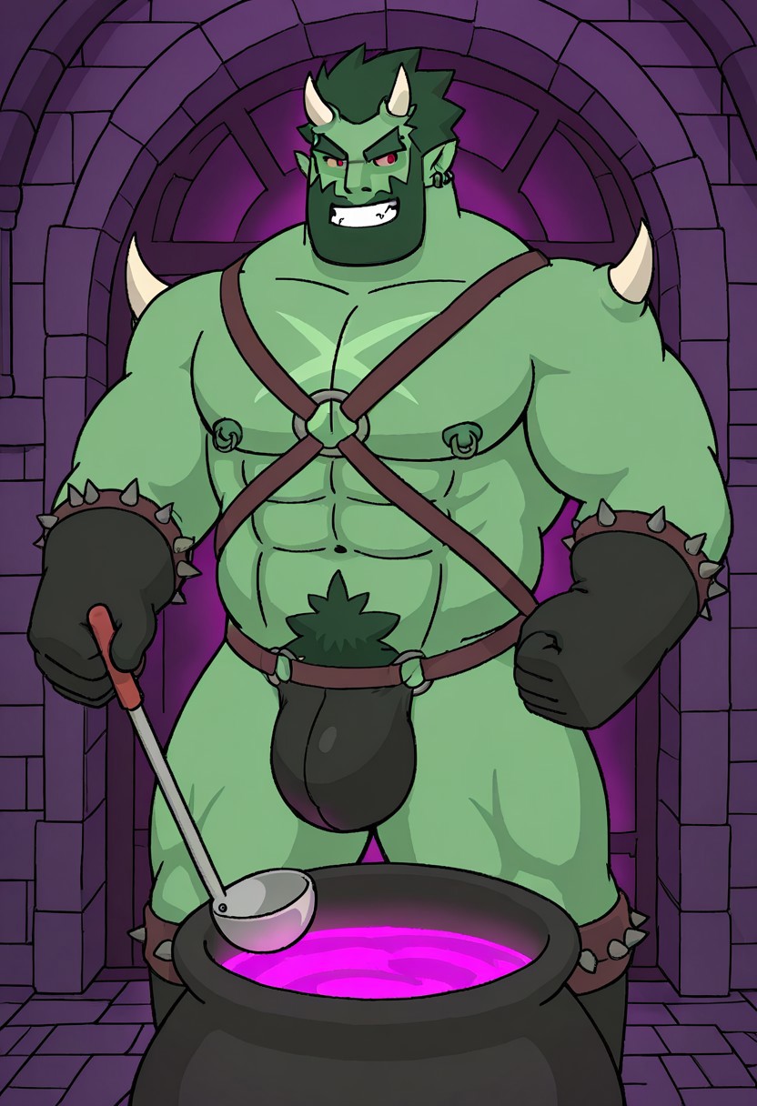 detailed background, detailed background, masterpiece, perfect quality, best quality, detailed, newest, very aesthetic, AstarothRMA, facial hair, bara, solo, hair, 1boy, red glowing eyes, pectorals, abs, muscular, horns, green skin, pointy ears, tusks, beard, nipple piercings, male focus, dungeon background, harness, gloves, boots, leather jockstrap, holding ladle downward, looking at viewer, furrowed eyebrows,  evil grin, cauldron with pink glowing liquid,