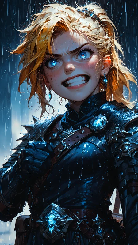 score_9, score_8_up, score_7_up, rating_safe, photo-enhanced, fantasy, 1girl, solo, dnd, d&d, paladin,  
red plate armor, yellow runes on armor, disgusted face, platinum blond hair, tied hair, trailing ponytail,  looking up, head tilted up, arched back, (leather gloves:1.5), open mouth, clenched teeth, small breasts, leather belt, satchel, 
universe eyes, colorful eyes, bright eyes, sparkling eyes, starburst eyes,  rain, 
<lora:HKStyle_V3:1> <lora:extremely_detailed:1>  <lora:Fant5yP0ny:1>  <lora:disgusted_face_xl_goofy:1> <lora:Rain (pony) v1:1>  <lora:Flash_Glowing_Runes_SDXL:1>