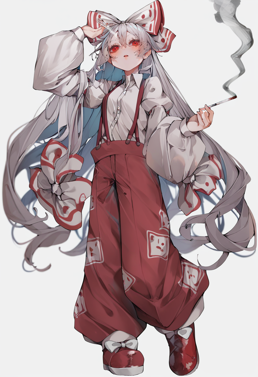 score_9, score_8_up, score_7_up, score_6_up, <lora:tsuneXL_P6_lokr_V53P1:0.95> 1girl, fujiwara no mokou, long hair, solo, red eyes, full body, red footwear, cigarette, shirt, bow, hair bow, holding cigarette, long sleeves, white background, pants, collared shirt, very long hair, red pants, suspenders, white bow, simple background, holding, smoke, white shirt, white hair, ofuda on clothes, footwear bow, ofuda, smoking, baggy pants, shoes, hair between eyes, grey hair, open mouth, buttons, parted lips, blush, standing, puffy sleeves, looking at viewer, red bow
