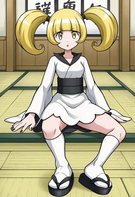 1girl, solo, sitting, dojo, tatami, full_body, girl_focus, furikatherine, twintails, blonde_hair, yellow_eyes, japanese_clothes, white_dress, white_kimono, sash, wide_sleevees, kneehighs, white_socks, sandals, black_footwear, black_nails
