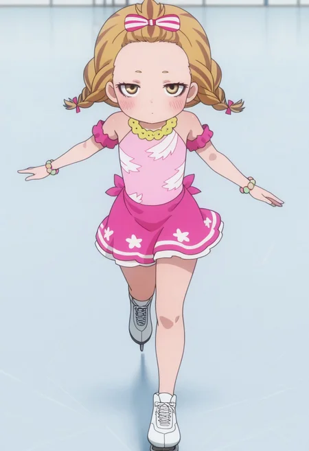 Masterpiece , best quality , amazing quality , anime screencap   ,a girl , kkana    , looking at viewer  , skirt , dress  ,twin braids  , skating   , ice skater  , blonde