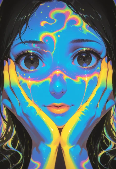 thermal, bright colors,solo,1girl,portrait,black hair,hands on own face,