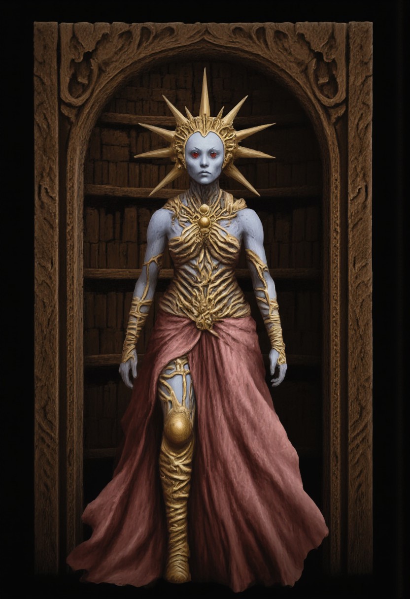 b3rs3rk macro lens d4concept pov, 3D01S, simple background d4artstyle atmospheric and powerful MikeFranchinastyle dark fantasy, natural organic and first person pov of a berserk style creature in the Tsutomu Nihei style 
Regal alien empress, full body portrait, standing in ornate wooden doorway. Pale gray skin, stern expression, red eyes. Golden spiked crown radiating from head like sun rays. Elaborate costume: dusty rose puffy sleeves, intricate golden chest piece with organic patterns. Visible ribcage and abdominal muscles, giving biomechanical appearance. Lower body draped in flowing rose-colored fabric with golden ornamental belt. Forearms wrapped in golden, spiraling bracers. Hands at sides, long fingers. Setting: dark interior with wooden bookshelves visible in background. Framed by carved wooden archway with intricate designs. Color palette: dusty rose, pale gray, rich gold against dark brown background. Photorealistic rendering with surreal elements. Lighting: soft, dramatic from front, emphasizing texture and form. Cinematic composition, straight-on view, symmetrical framing. Style blend: high fantasy meets biomechanical horror. Texture detail: polished metal, soft fabric, intricate carvings, alien skin. Atmosphere: regal, otherworldly, slightly menacing
UHD letterboxed game trailer frame chromatic aberration dark atmosphere sharp masterpiece with a focus on the character, elden ring style, dark atmosphere,