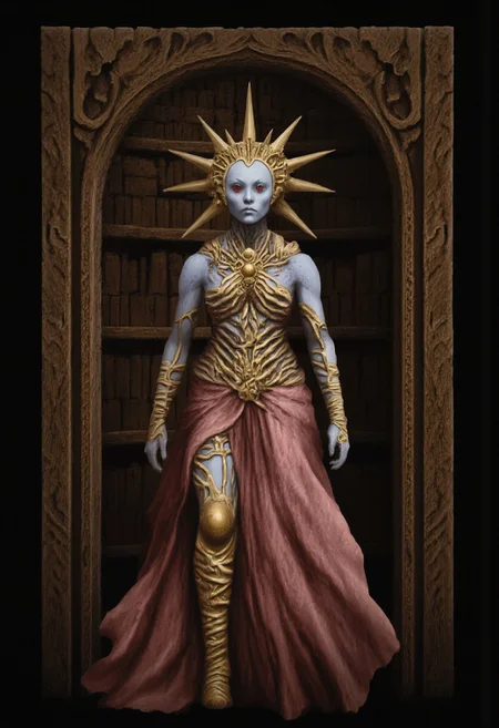 b3rs3rk macro lens d4concept pov, 3D01S, simple background d4artstyle atmospheric and powerful MikeFranchinastyle dark fantasy, natural organic and first person pov of a berserk style creature in the Tsutomu Nihei style
Regal alien empress, full body portrait, standing in ornate wooden doorway. Pale gray skin, stern expression, red eyes. Golden spiked crown radiating from head like sun rays. Elaborate costume: dusty rose puffy sleeves, intricate golden chest piece with organic patterns. Visible ribcage and abdominal muscles, giving biomechanical appearance. Lower body draped in flowing rose-colored fabric with golden ornamental belt. Forearms wrapped in golden, spiraling bracers. Hands at sides, long fingers. Setting: dark interior with wooden bookshelves visible in background. Framed by carved wooden archway with intricate designs. Color palette: dusty rose, pale gray, rich gold against dark brown background. Photorealistic rendering with surreal elements. Lighting: soft, dramatic from front, emphasizing texture and form. Cinematic composition, straight-on view, symmetrical framing. Style blend: high fantasy meets biomechanical horror. Texture detail: polished metal, soft fabric, intricate carvings, alien skin. Atmosphere: regal, otherworldly, slightly menacing
UHD letterboxed game trailer frame chromatic aberration dark atmosphere sharp masterpiece with a focus on the character, elden ring style, dark atmosphere,
