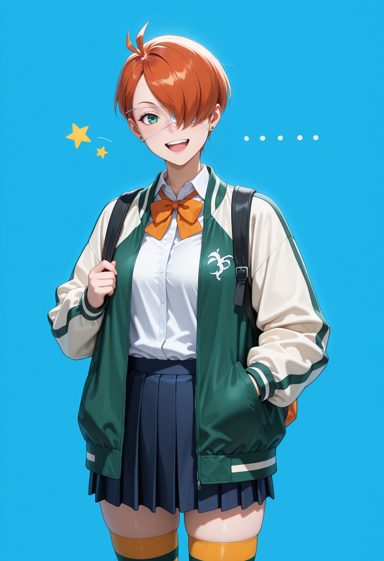 masterpiece,best quality,absurdres,highres,very aesthetic,high quality,detailed,insanely detailed,beautiful,perfect lighting, looking at viewer, looking at viewer, smile, hand on pocket, smile, open mouth, light blue background, star symbol,  very awa
 <lora:Kuin Hachisuka illu:1> 1girl, short hair, orange hair, green eyes, white eyepatch, hair over one eye, school uniform, bag, pleated skirt, white shirt, jacket, jewelry, orange bow, collared shirt, long sleeves, striped thighhighs