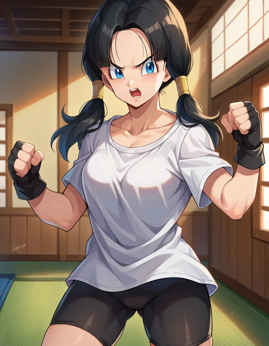 score_9, score_8_up, score_7_up, source_anime,
videl, <lora:dragonball-videl-ponyxl-lora-nochekaiser:1>,
videl, black hair, blue eyes, eyelashes, parted bangs, twintails,
bike shorts, black gloves, black legwear, collarbone, fingerless gloves, gloves, shirt, short sleeves, white shirt,
indoors, dojo,
looking at viewer, cowboy shot, dutch angle, fighting stance, open mouth,