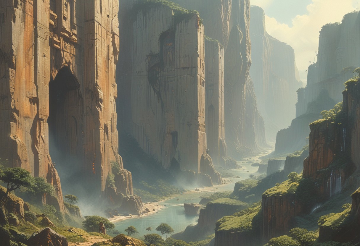 professional concept-art, fantasy scifi, wondrous view looking out a cave, that's situated halfway up a four mile high cliffside, the elevated position offering incredible depth of view, as you gaze out over the untamed jungles of the Predator's homeplanet,