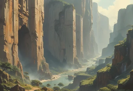 professional concept-art, fantasy scifi, wondrous view looking out a cave, that's situated halfway up a four mile high cliffside, the elevated position offering incredible depth of view, as you gaze out over the untamed jungles of the Predator's homeplanet,