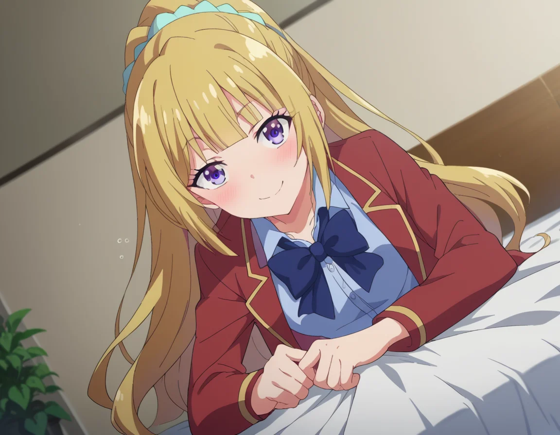 score_9, score_8_up, score_7_up, source_anime,
keikaruizawa, <lora:kei-karuizawa-anime-s2-ponyxl-lora-nochekaiser:1>,
kei karuizawa, long hair, bangs, blunt bangs, purple eyes, blonde hair, shirt, hair ornament, ponytail, scrunchie, blue scrunchie, smile,
skirt, shirt, bow, school uniform, jacket, red jacket, pleated skirt, bowtie, sweater, blue bow, blue shirt,
indoors, bed, bed room, on side, blush, drunk,
looking at viewer, cowboy shot, dutch angle,